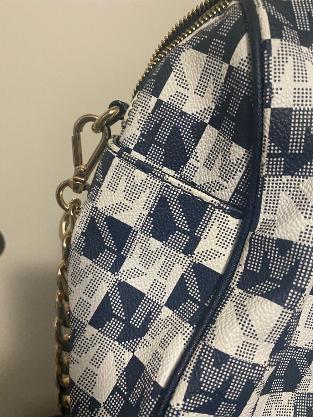 Michael Kors Navy and White Checker Satchel with Gold Accents - Picture 4 of 6